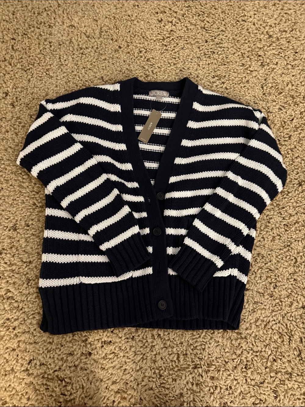 J. Crew Navy and White Striped V-Neck Button Cardigan